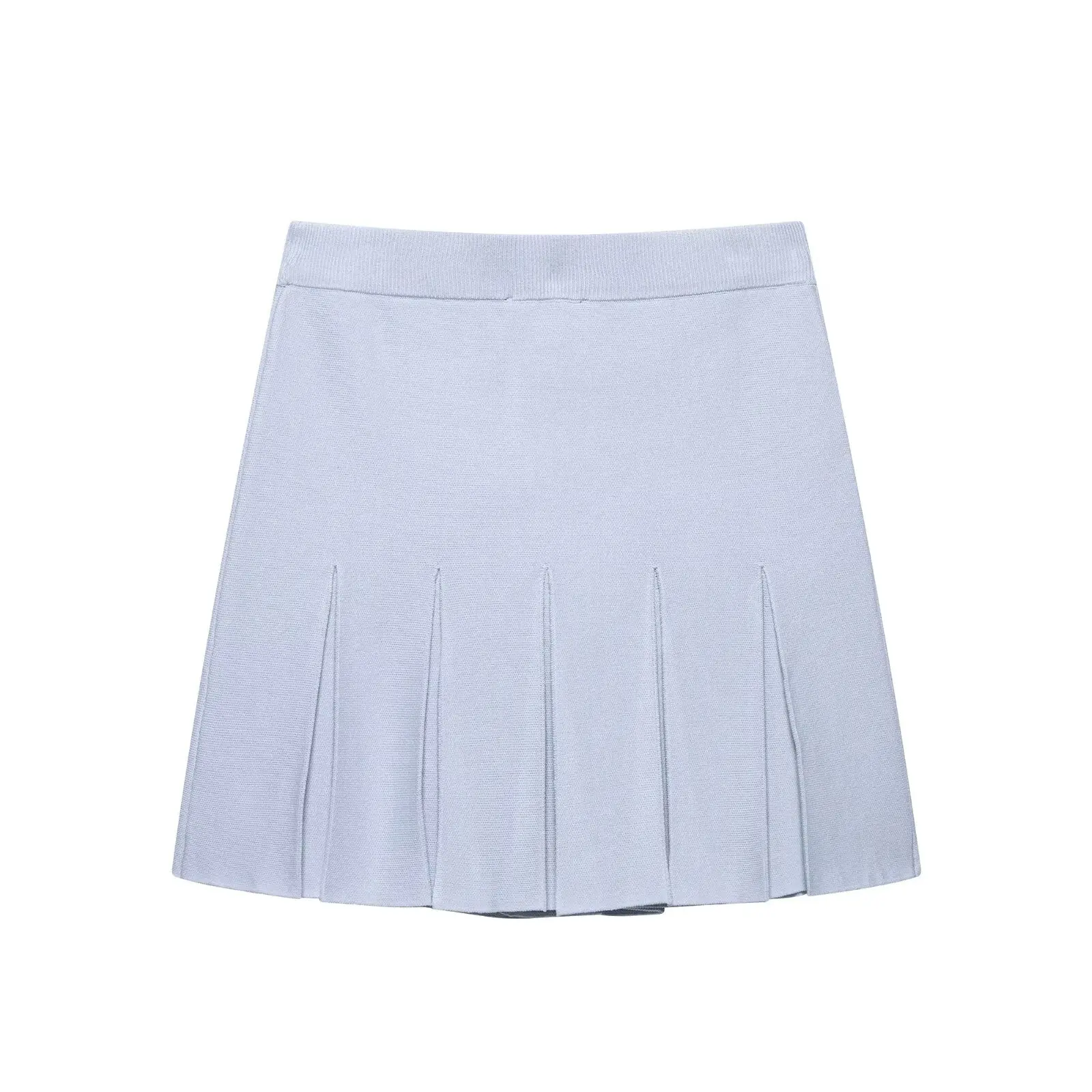 DUOPERI Frauen 2025, Neue Faldas Blau Plissee Gestrickte Mini Rock Hohe Elastische Taille Weibliche Eleganz Chic Dame Casual Röcke