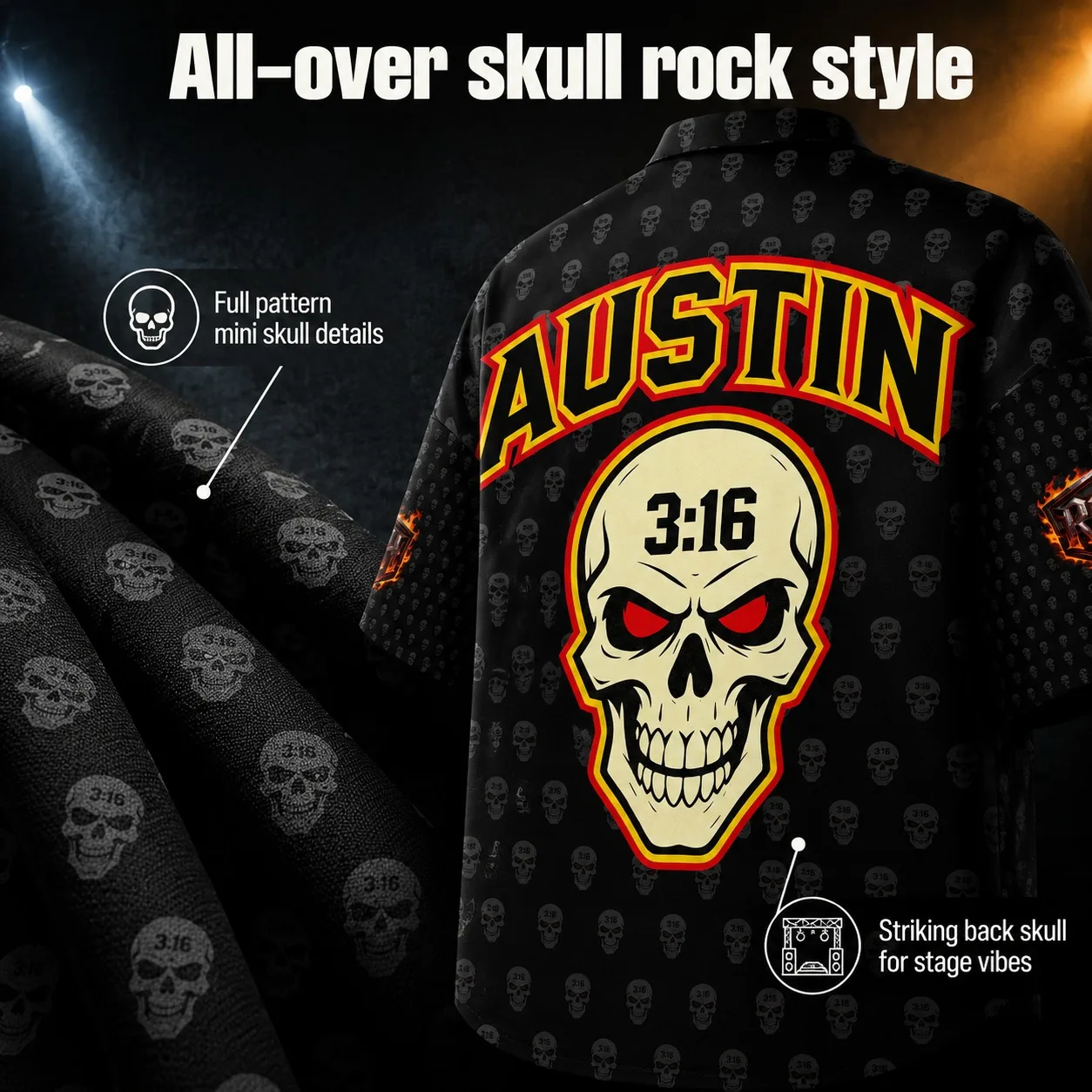 Herren Cold Stone 316 Wrestling T-Shirt Austin Skull Volldruck V-Ausschnitt Off-Shoulder Loose Rock Casual Wrestling Fan T-Shirt – Detail 5