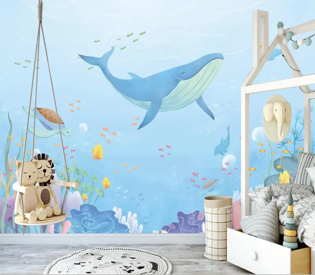 Custom wallpaper nordic cartoon marine animal 3D Living Room TV Background Wall Cloth Canvas material 3d Wallpaper