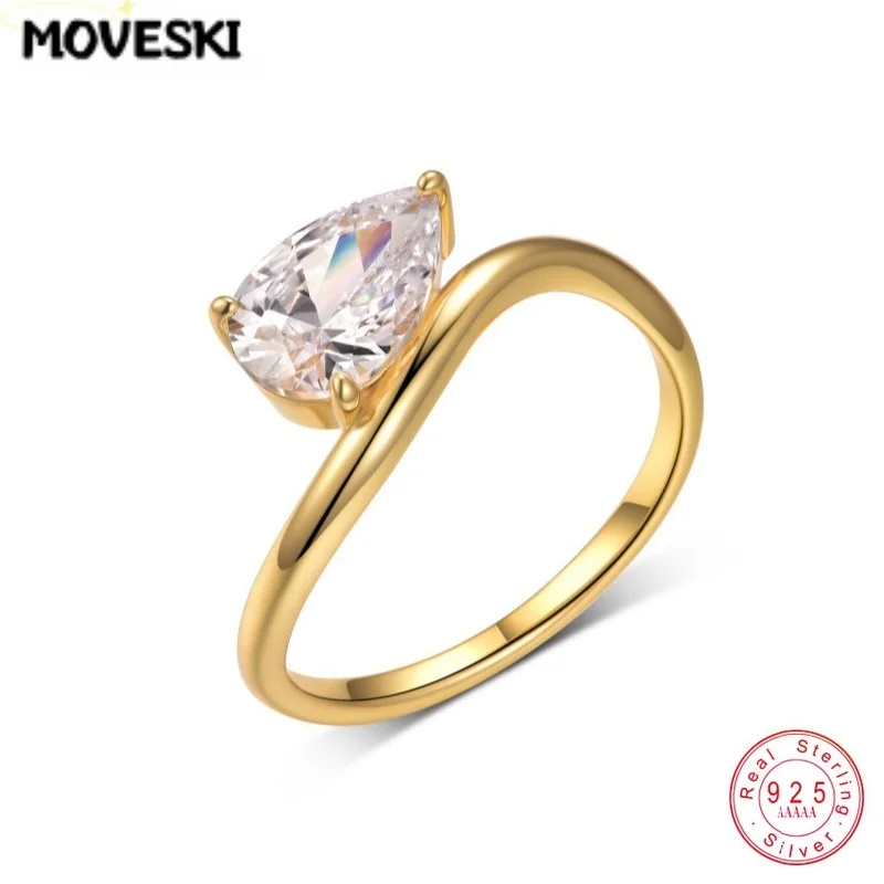 MOVESKI 1.5CT Pear Cut Moissanite Ring 925 Sterling Silver Bypass Solitaire Ring Minimalist Fashion Jewelry For Women