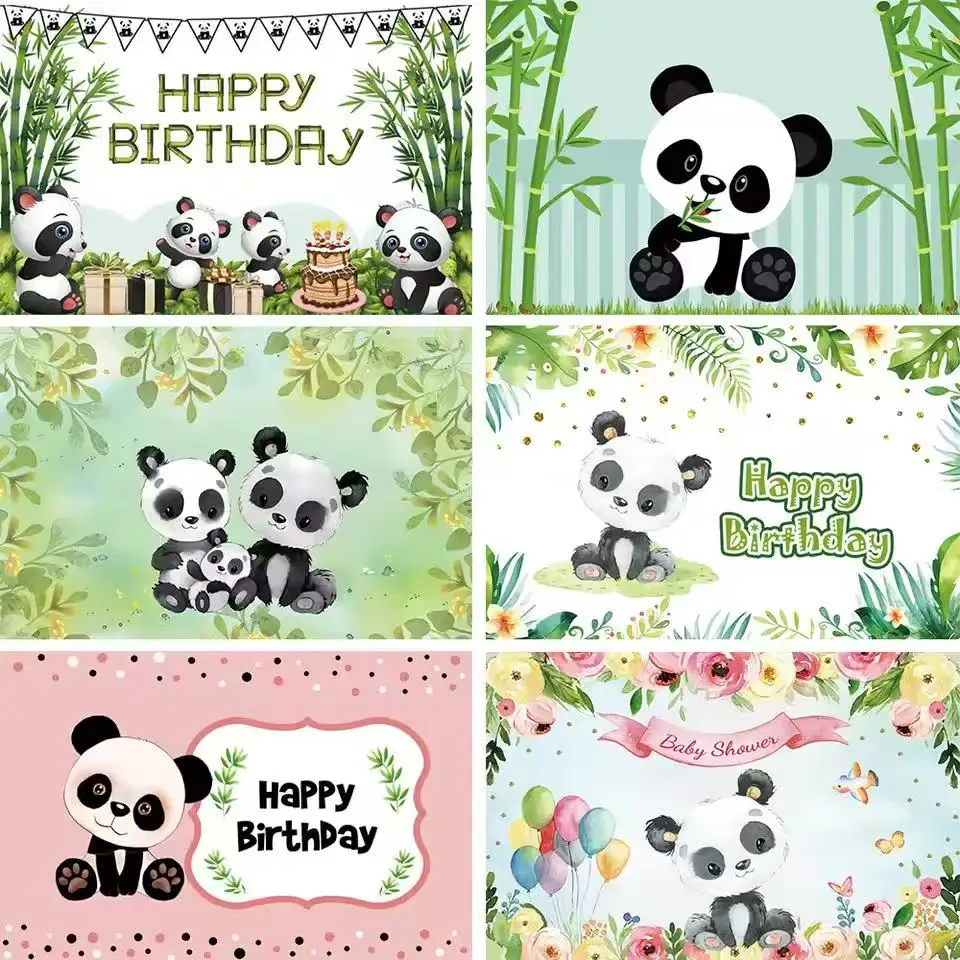 

Cute Cartoon Panda Backdrop Bamboo Flower Panda Theme BirthdayParty Baby Shower Decor Photography Background Banner Photo Custom