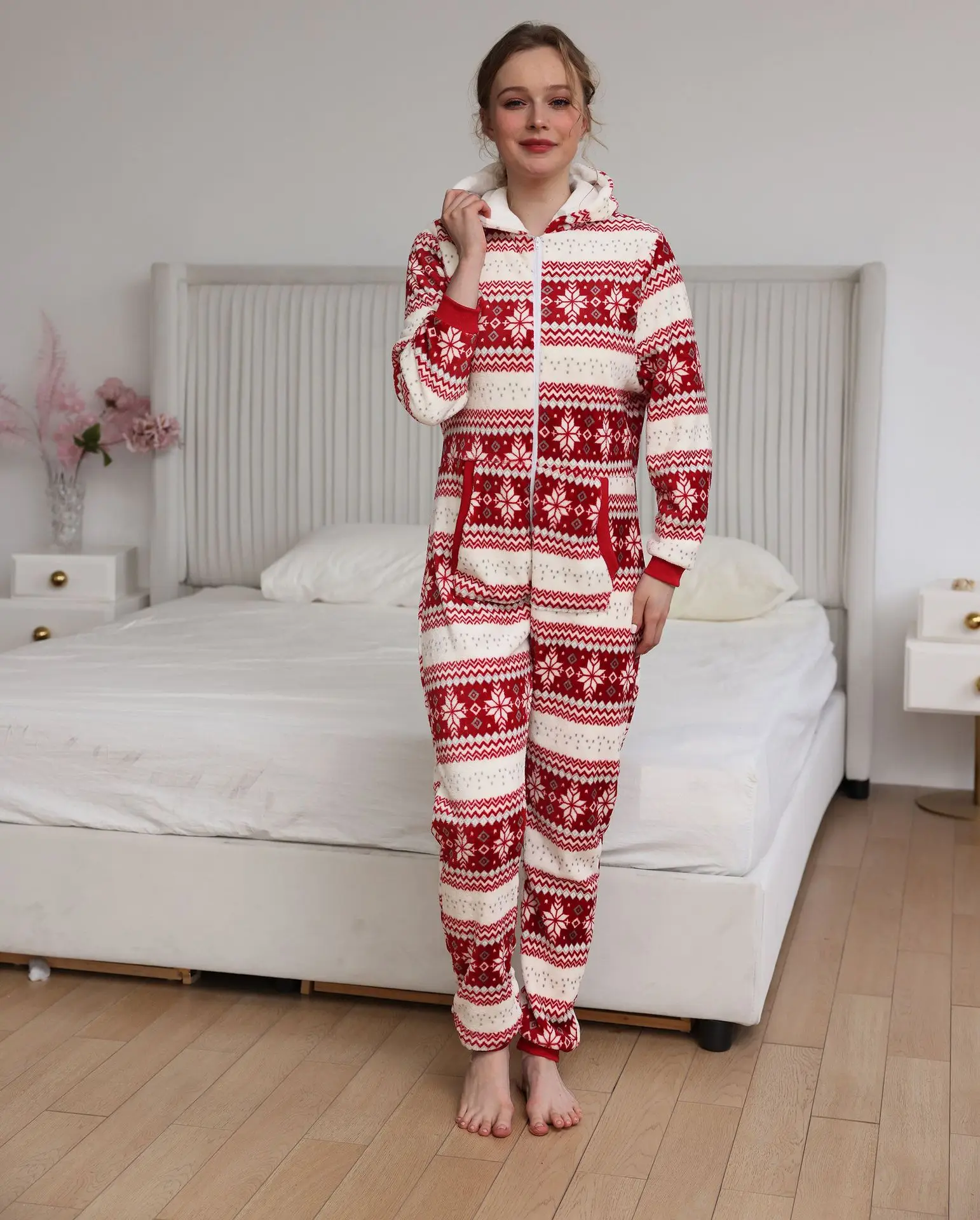 

pajama sets for womenand American women's Christmas Day deer snowflake flannel jumpsuit, pajamas, and home clothes for delivery