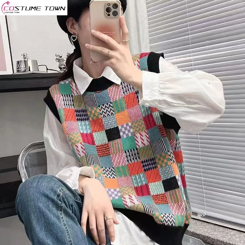 

2023 New Vintage Contrast Checkerboard Round Neck Sweater Tank Top Fashion Jacquard Sleeveless Knitted Tank Top