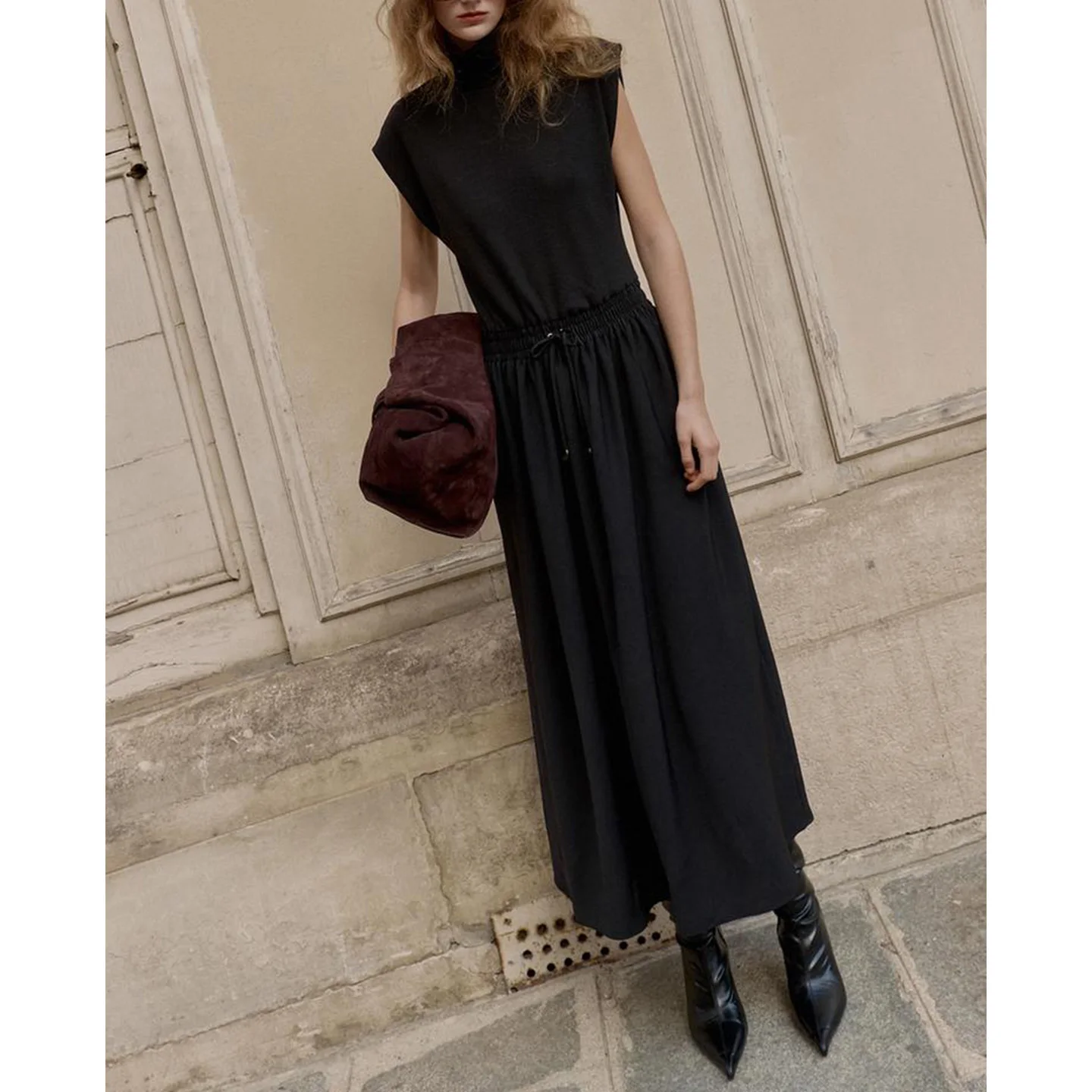 Autumn Winter New American Sle High Collar Svel  Knot Tie Splice Long Dr Ladies Casual Loose Fit A-Line S...