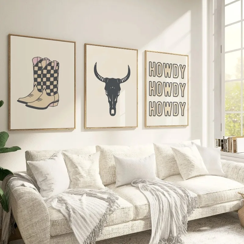 Retro Cowgirl Boots Wall Art Set of 3 Western Prints Living Room Wall Decor Cowgirl Western Room Black Checkered Art Printed
