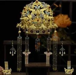 Chinese Hanfu Crown Women Gold Headwear Wedding Jewelry Shiny Stage