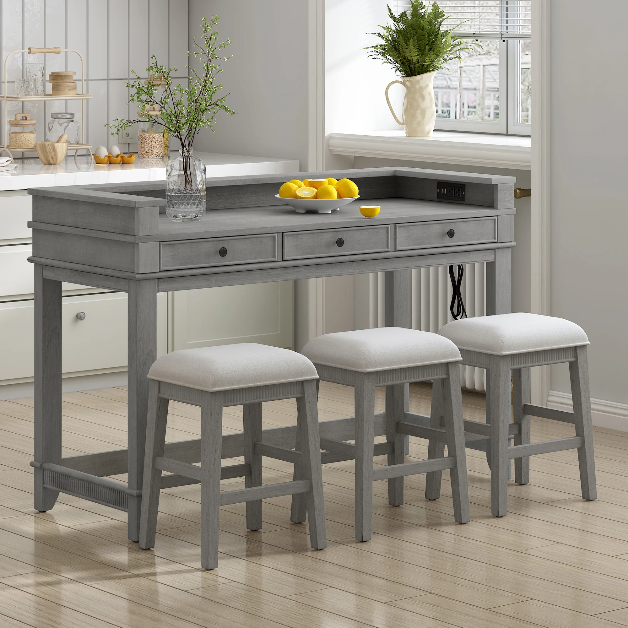 Power Outlet 3 Upholstered Stools 4 Piece Bar Table Chair Set Living Room Dining Room Kitchen Sofa Table Dining Table