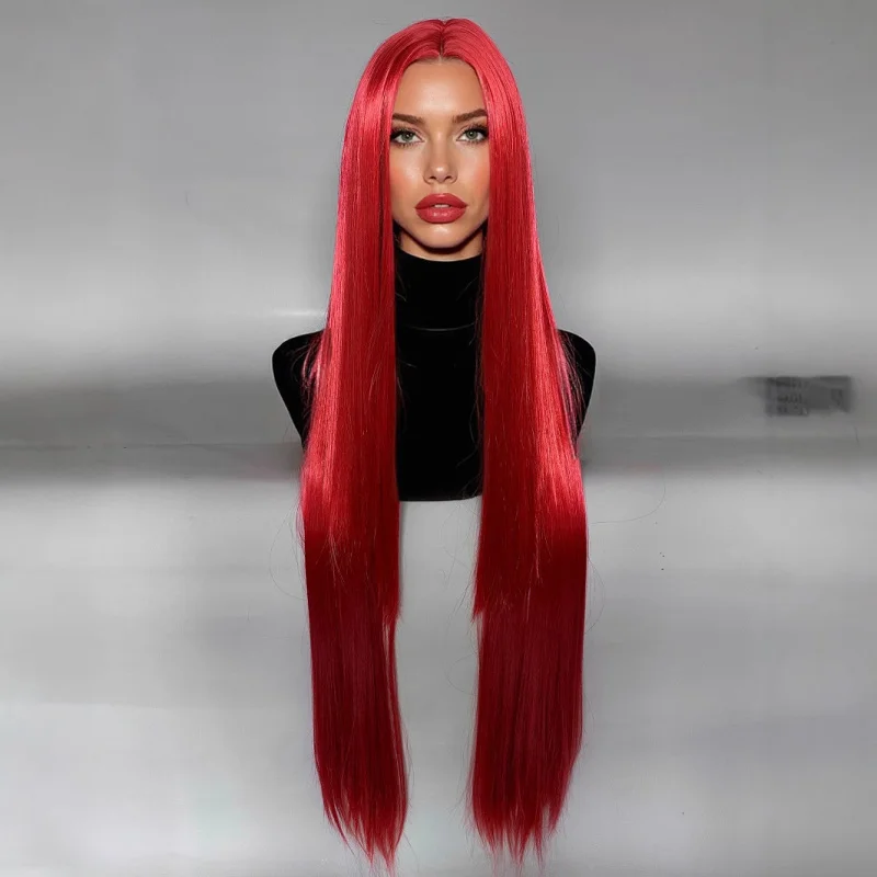 باروكة أنمي طويلة للديكور، شعر مستعار طويل مستقيم بنصف ونصف شعر مستعار أحمر ورمادي طويل