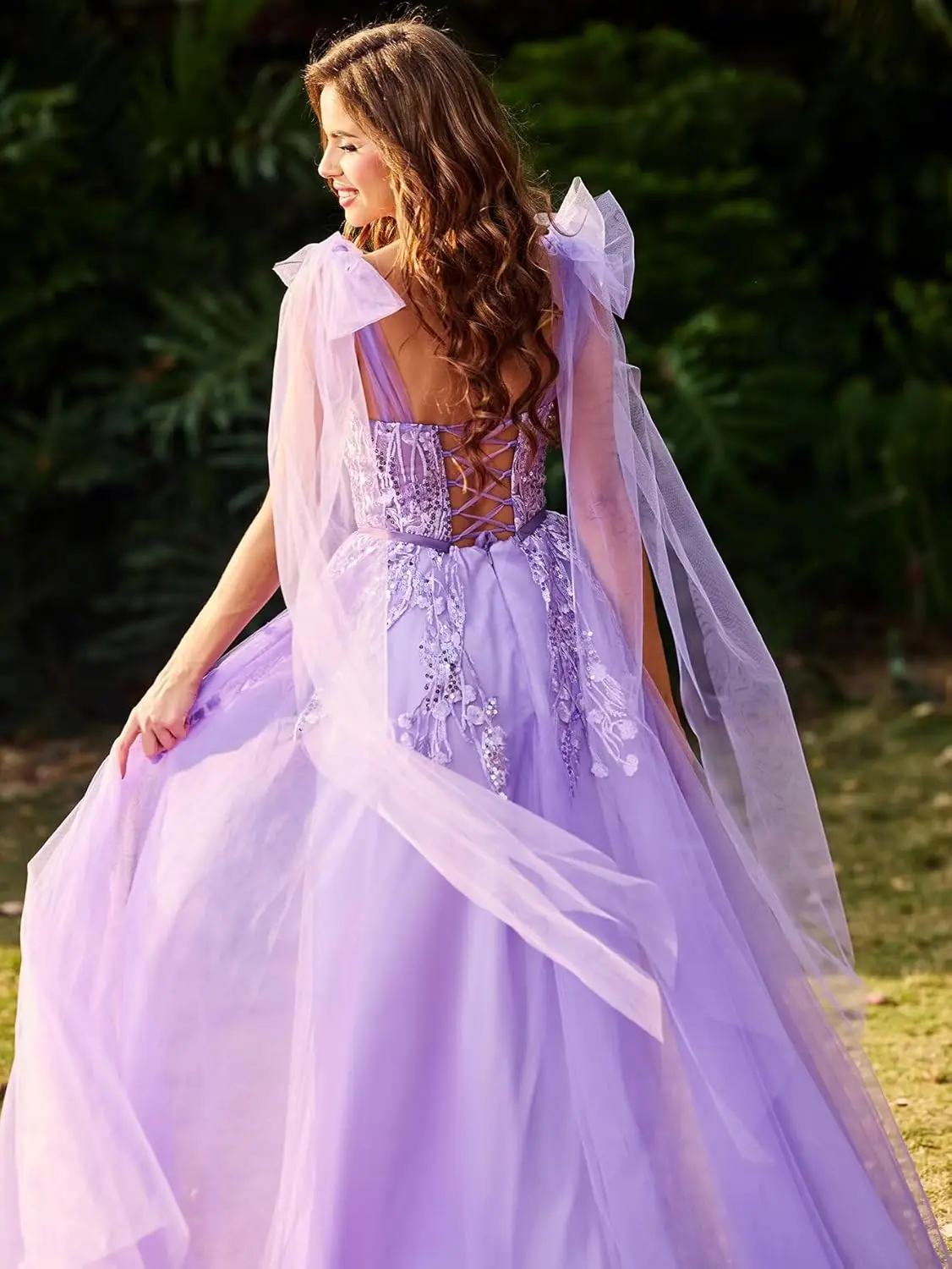 Abiti da ballo in tulle con applicazioni in pizzo per donna Abiti da ballo con spalline regolabili Abiti da sera lunghi a trapezio Abiti da festa