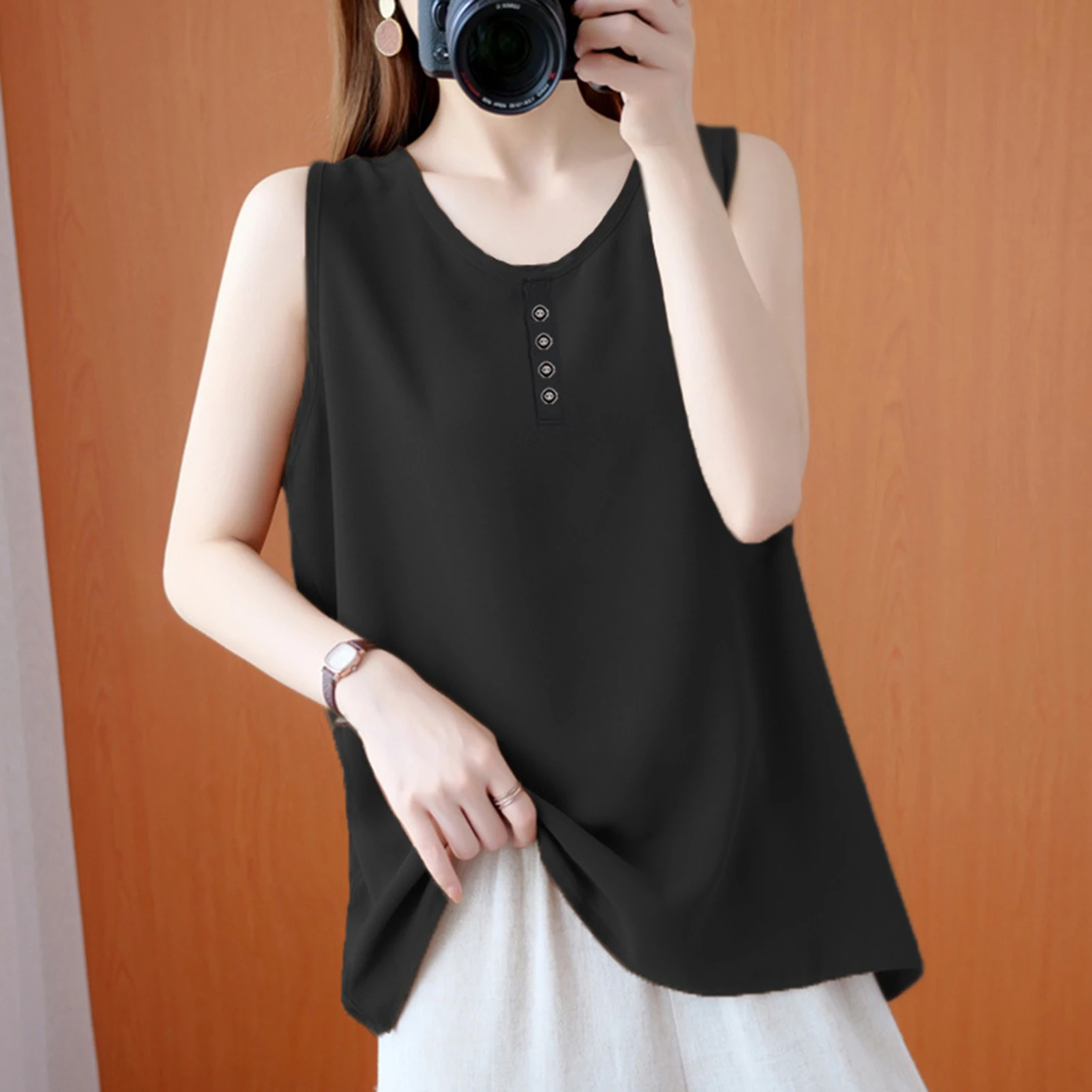 2025 Vintage Summer Women Tanks Tops bottom Casual Loose Beach Blusas Solid Holiday Tunic Work Shirt O Neck Sleeveless Blouse