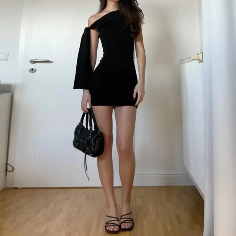 

Women's fashion Spice Girls new solid color single shoulder sleeveless splicing straps hip wrap short dress women