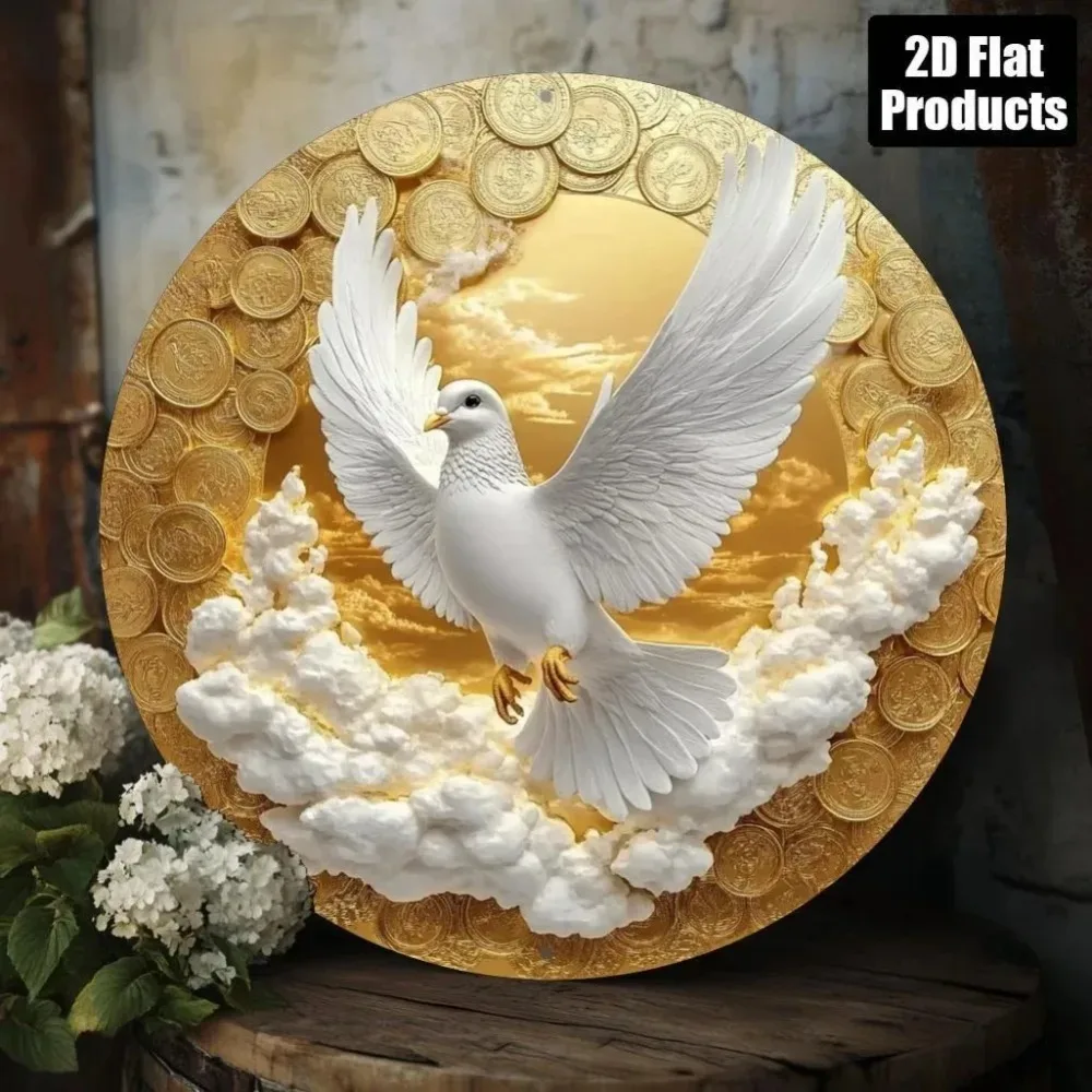 لوحة فنية جدارية من الألومنيوم على شكل حمامة بيضاء عتيقة والعملات الذهبية مقاس 8 × 11 بوصة - ديكور غروب الشمس في المنزل والمكتب هدية عيد الميلاد #1