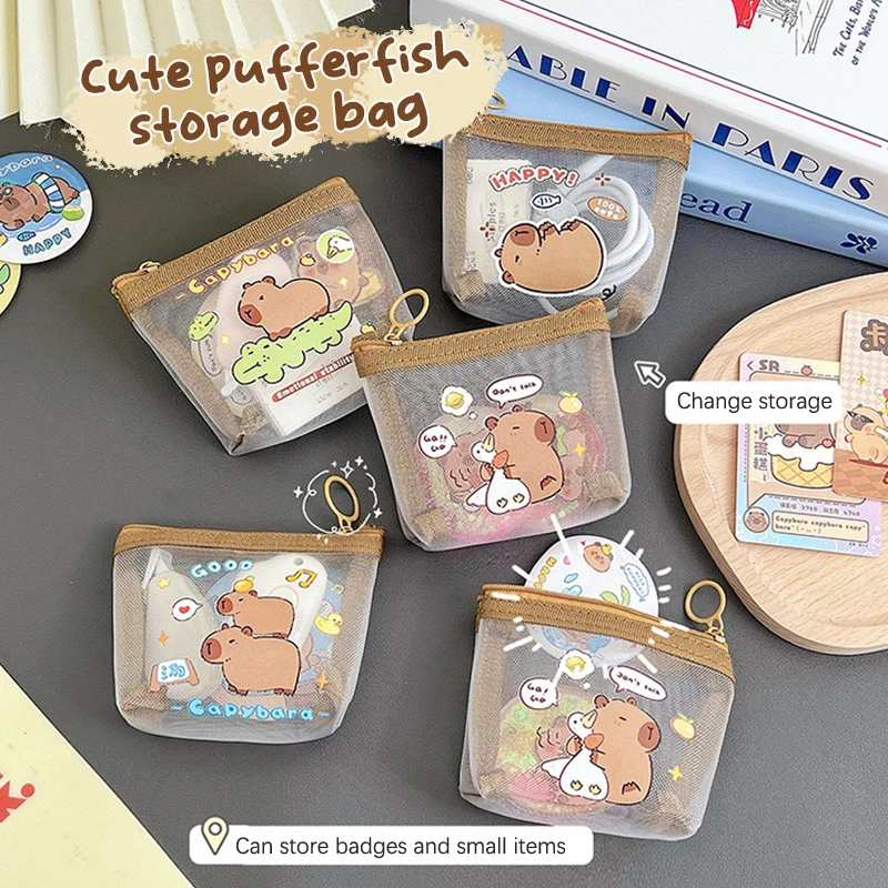 Cute Capybara Coin Storage Bag Transparent Mesh Coin Purses Cartoon Lovely Wallet Portable Waterproof Clear Zipper Bags Gifts