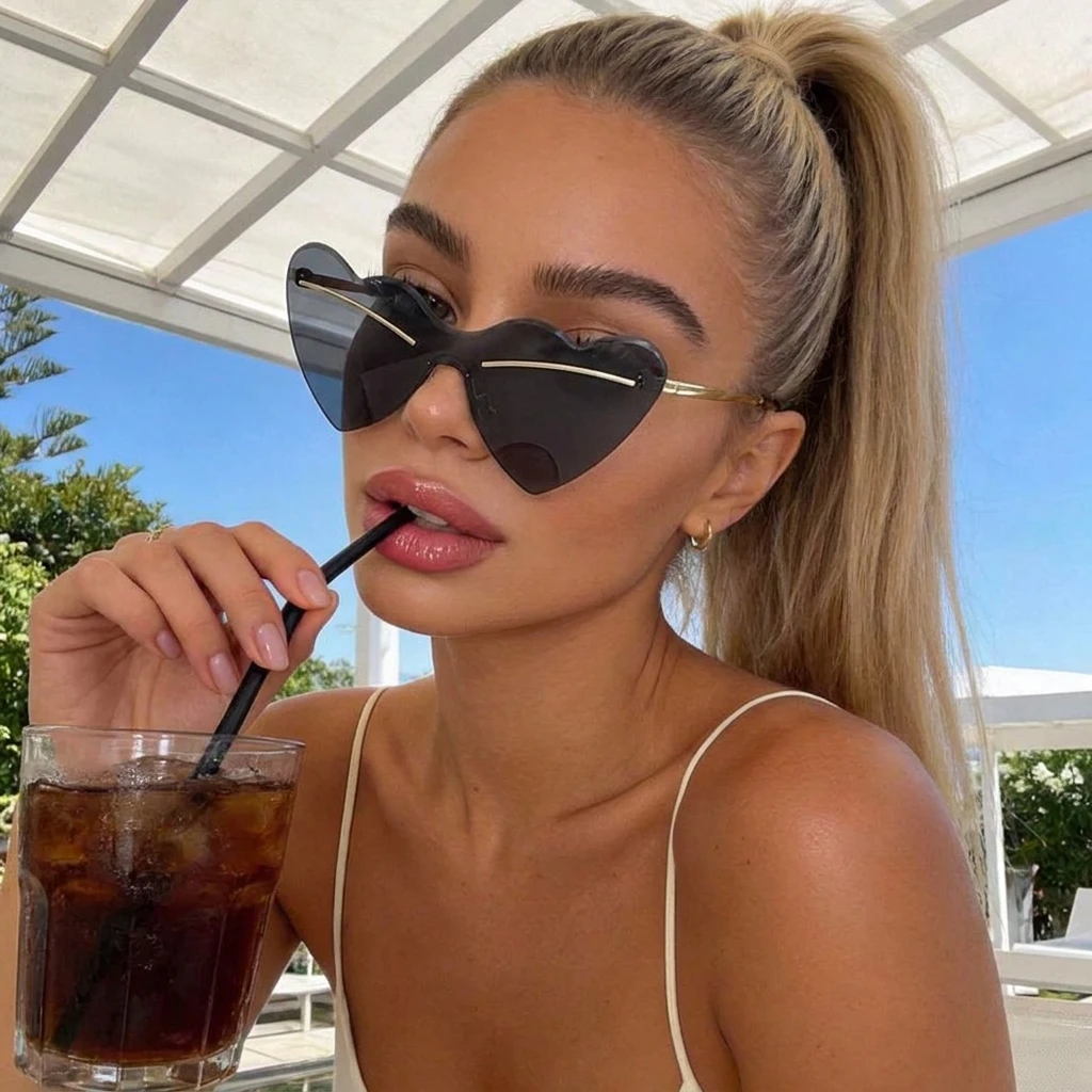 Sweet Cool Heart Shaped Rimless Sunglasses, Metal Thin Frame, Personality Trend, UV400 Sun Protection Sunglasses 8301