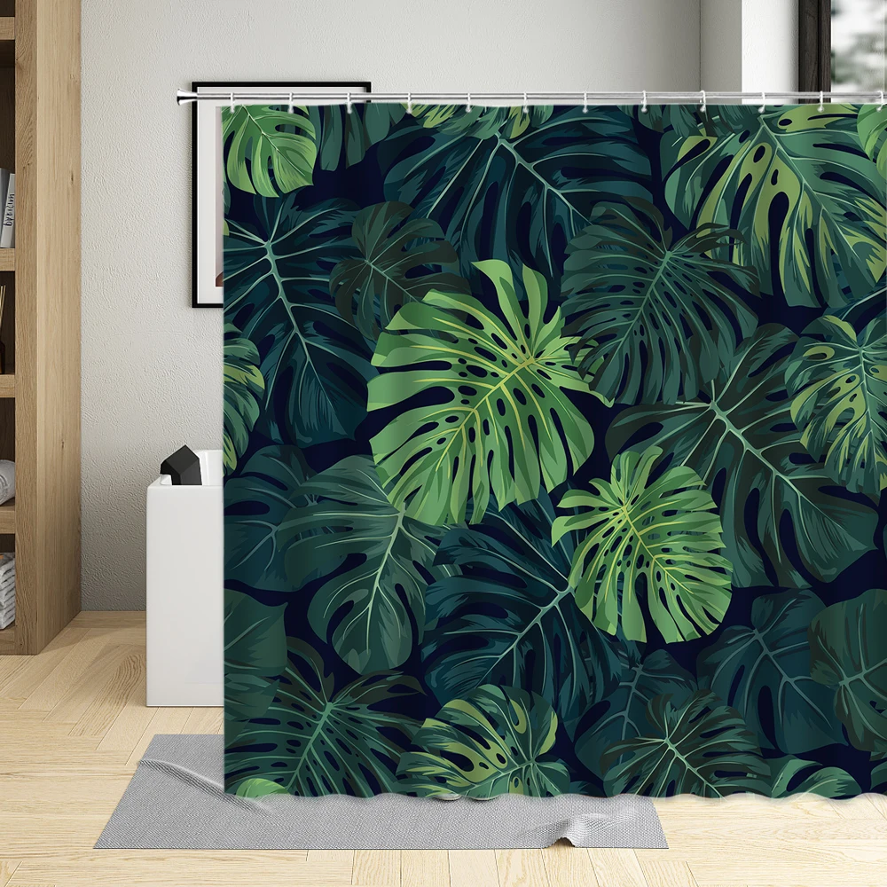 Tropical Plant Green leave Shower Curtain Banana Leaf Monstera Flower Scenery Bathroom Bath Curtains Decor Fabric With Hooks Set