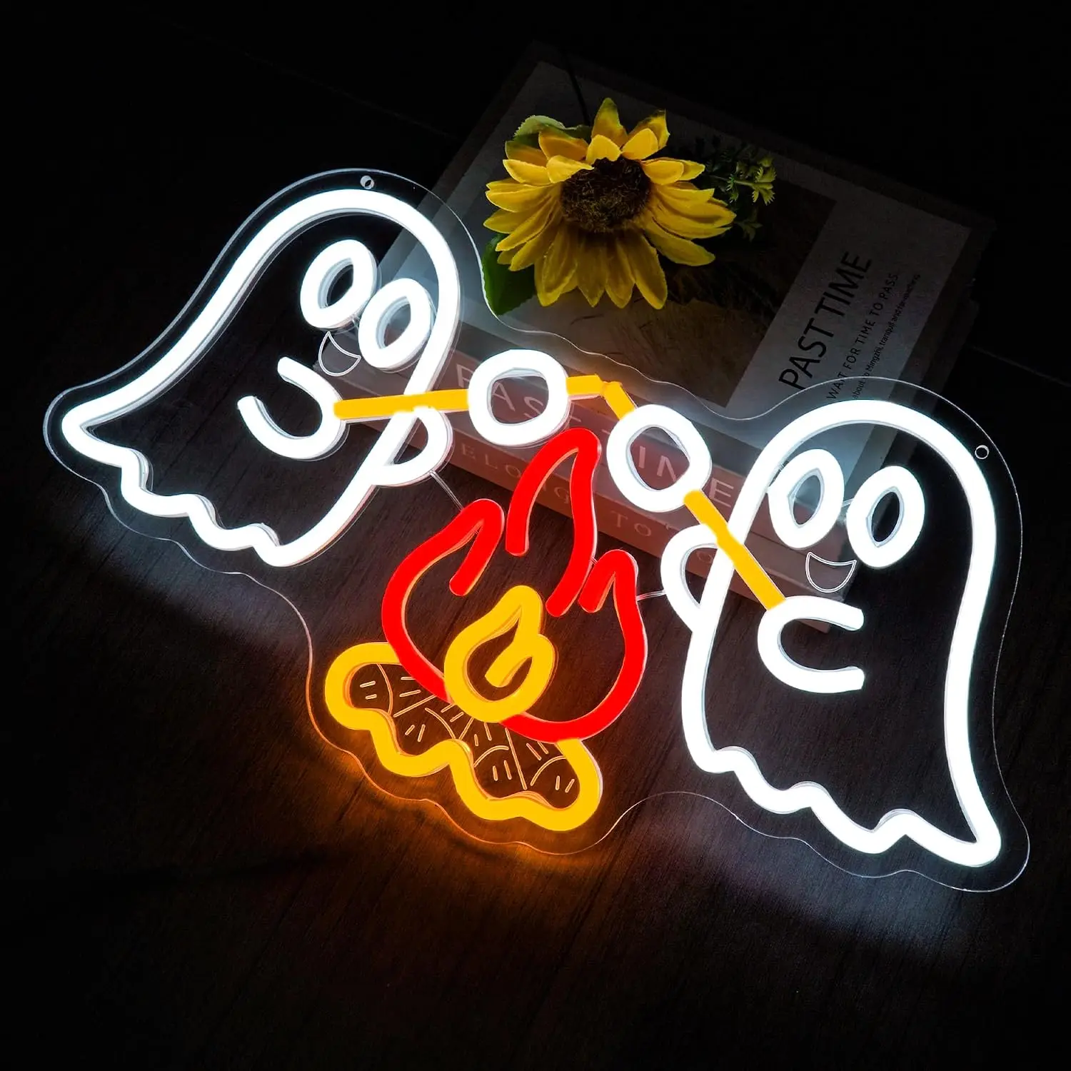 Ghost Campfire Neon Sign USB Dimmable LED Lights For Spooky Halloween Camping Bedroom Dorm Windsow Wall Hanging Art Decor Gift