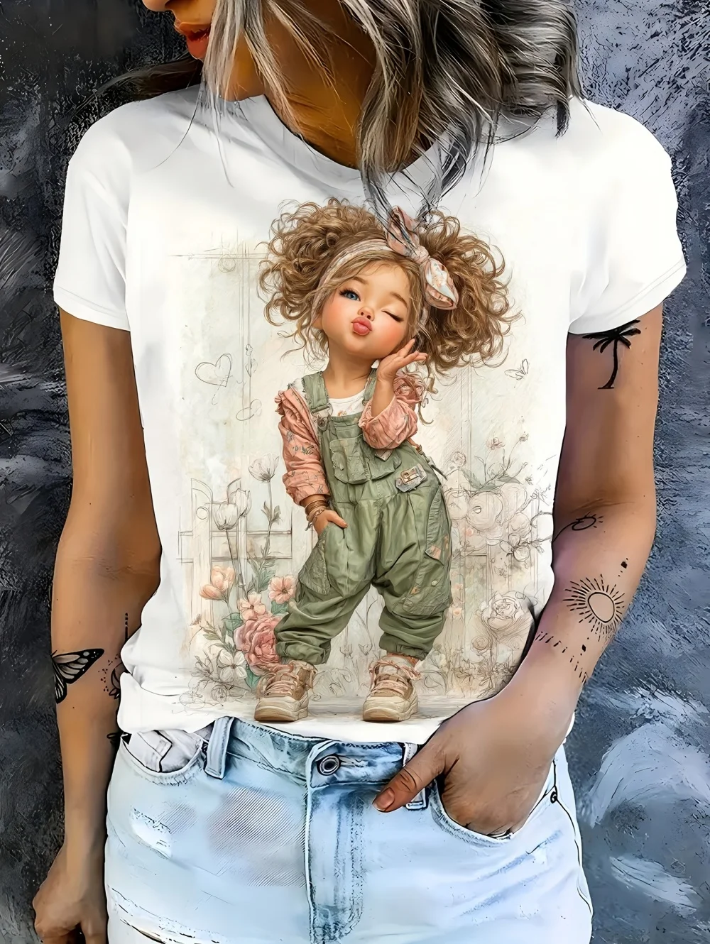 3D-gedrucktes T-Shirt mit Grafik eines kleinen Mädchens für Damen, kurze Ärmel, Sommer, lässige Streetwear, O-Ausschnitt, Tops, übergroße Damenbekleidung – Detail 5