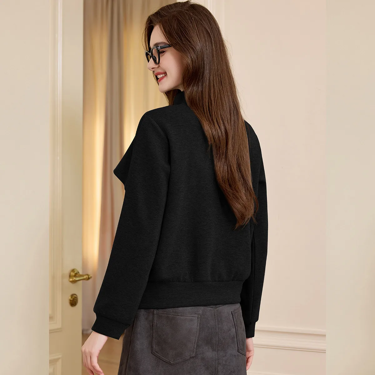 Louis yao gola com capuz feminino 2025 outono elegante casual topo micro elástico design assimétrico camisolas para mulher