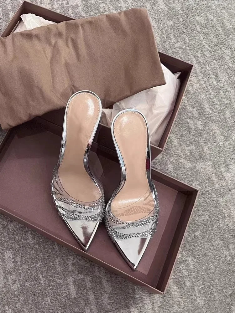 

Beautiful Rhinestone One-Strap Sandals Slip-On Sexy Pointed Toe High Heels Outdoor Wear PVC Transparent Slippers Sandalias