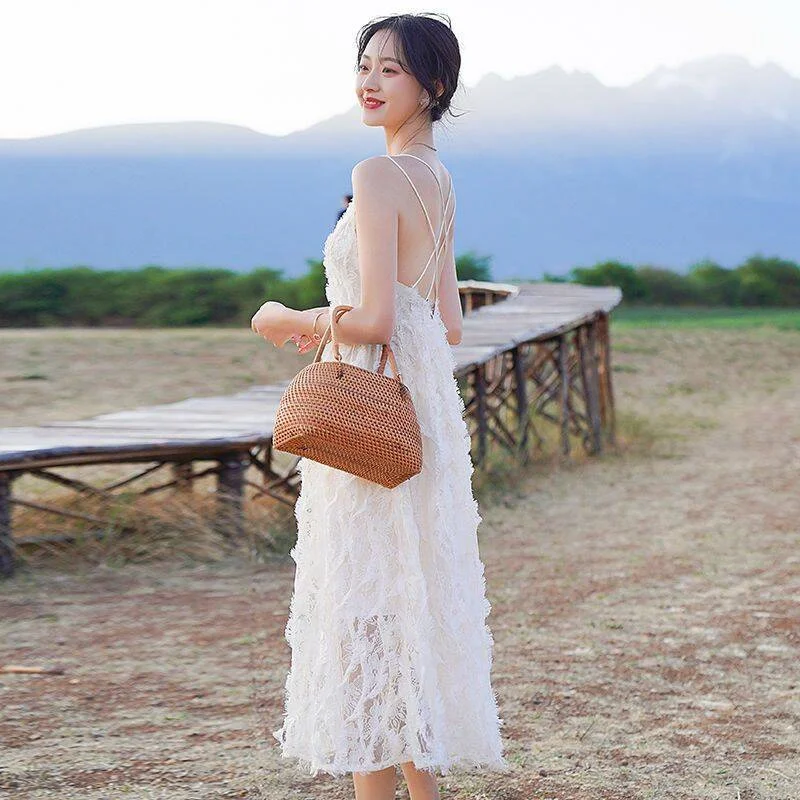 Women Dress Summer White A-Line High Waist Tassel Feather Spaghetti Strap Backless Midi Dress Beach Holiday Casual Dress Boho