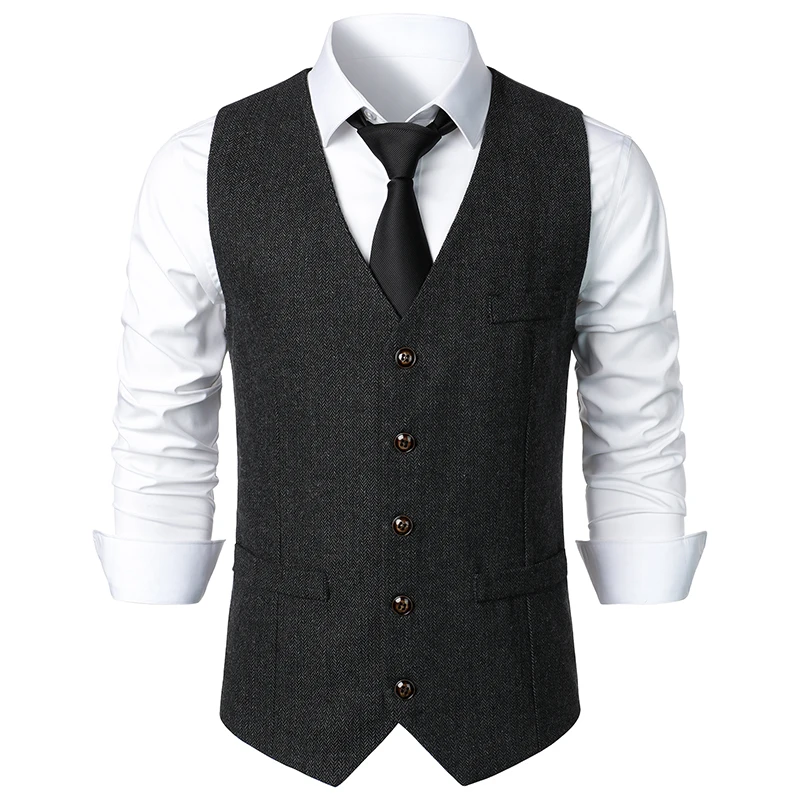 Mens Vest Slim Fit Sleeveless Wool Tweed Waistcoat Men Double Breasted Herringbone Tweed Vest Men Business Casual Gilet Men XXL