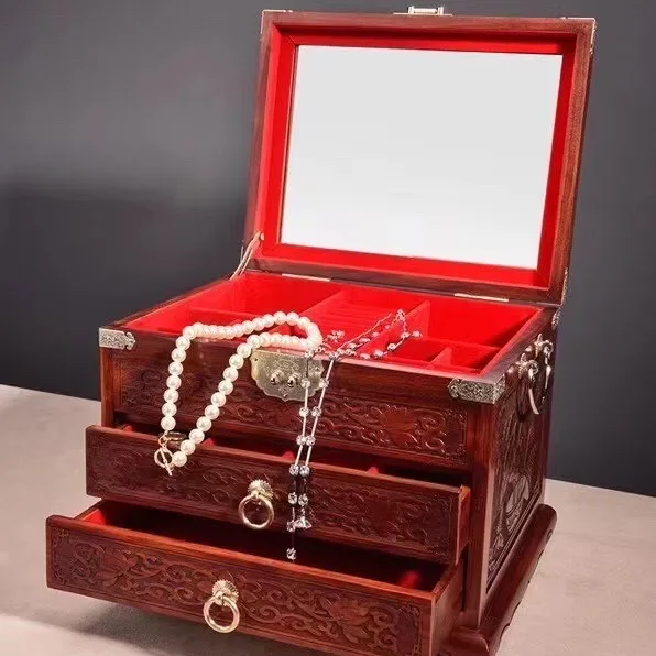 Blood Sandalwood Solid Wood Jewelry Box, Mahogany Vanity Mirror Box, Solid Wood Jewelry