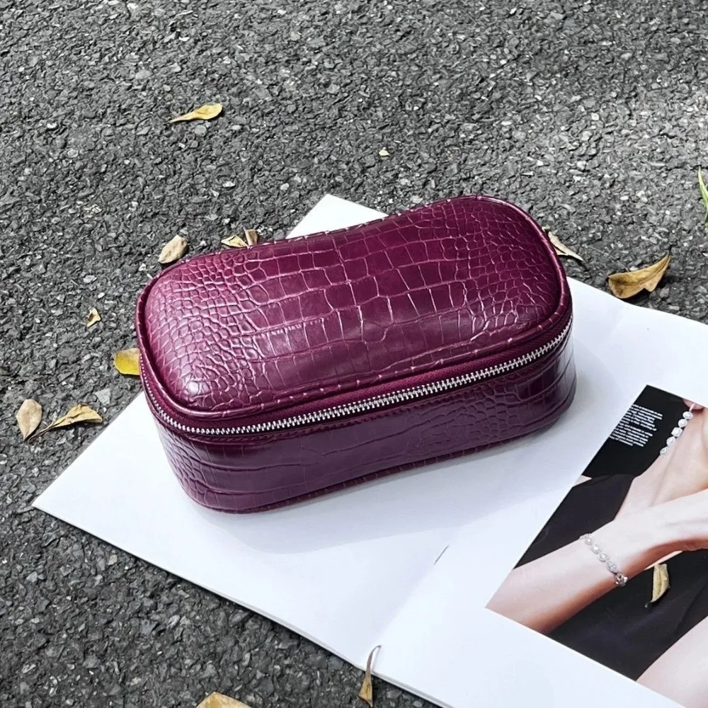 Portable PU Leather Makeup Bag Zip Closure Crocodile Texture Vanity Cosmetic Pouch with Handle Storage Pouch for Women and Men