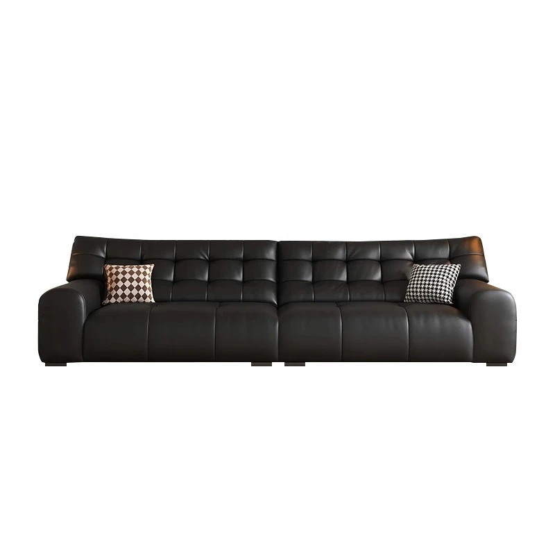 Italian minimalist big black bear leather sofa villa living room French medieval style cloud top layer cowhide inline sofa