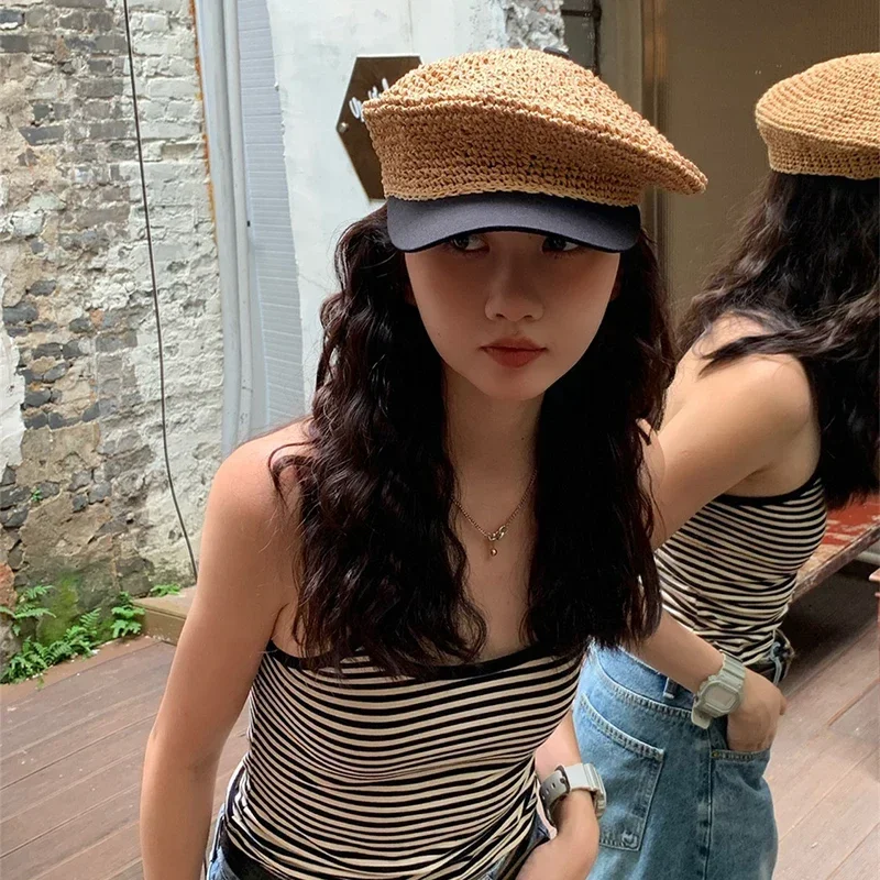 Summer Straw Weaving Beret Cap Women Vacation Outdoor Beach Straw Hat Adjustable Splicing Hats Elegant French Beret for Women