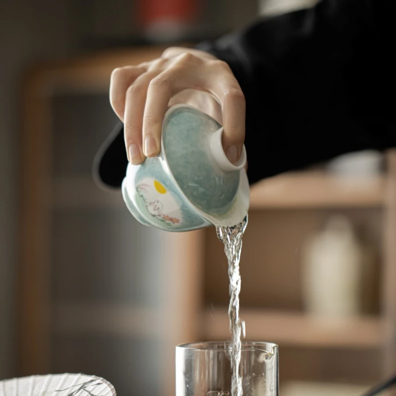 

Ручная роспись, чайная чашка с крышкой, кролик, луна, дизайн, подглазурный цвет, вченый стиль, керамический чайный сервиз Gongfu, подарок для домашнего пивоварения в стиле дзен