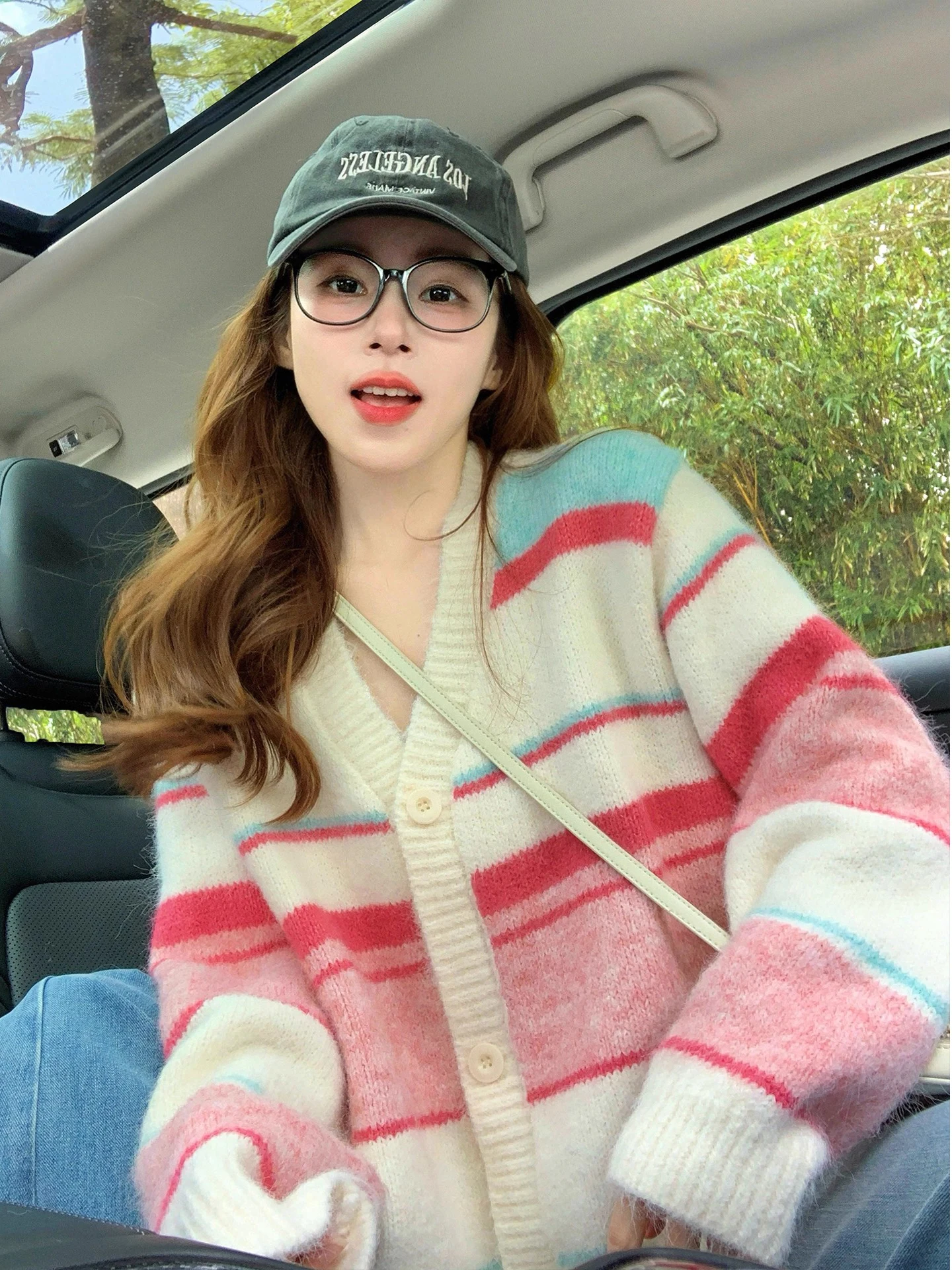 الرجعية V-Ne اللون بلو سترة مخططة المرأة فضفاضة كسول Sle لينة سترة مشغولة من الصوف الخريف الربيع الموسم طويل Sve