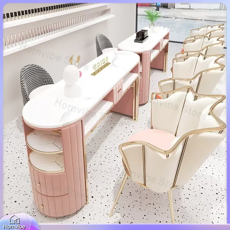 Modern Luxury Nail Table with Sintered Stone Countertop Metal Frame Pink Manicure Desk Salon Furniture with Storage for Nail