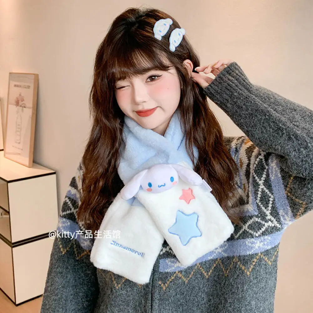 Bufanda gruesa de dibujos animados Cinnamoroll para mantener el calor Sanrio Kawaii Hello Kitty Melody bufanda de felpa Anime invierno niñas lindo regalo de Festival