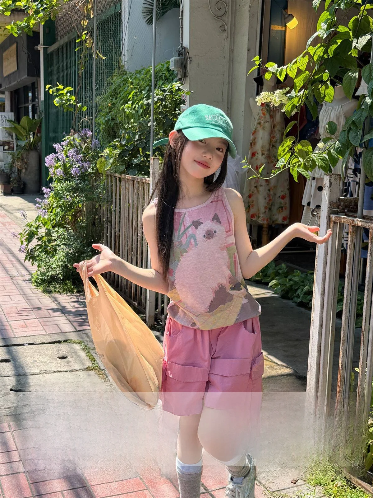 Colete Infantil Joice Verão 2026 Novo com Estampa de Gato, Blusa de Algodão Sem Mangas, Roupa Fofa para Meninas, Vestuário Su...