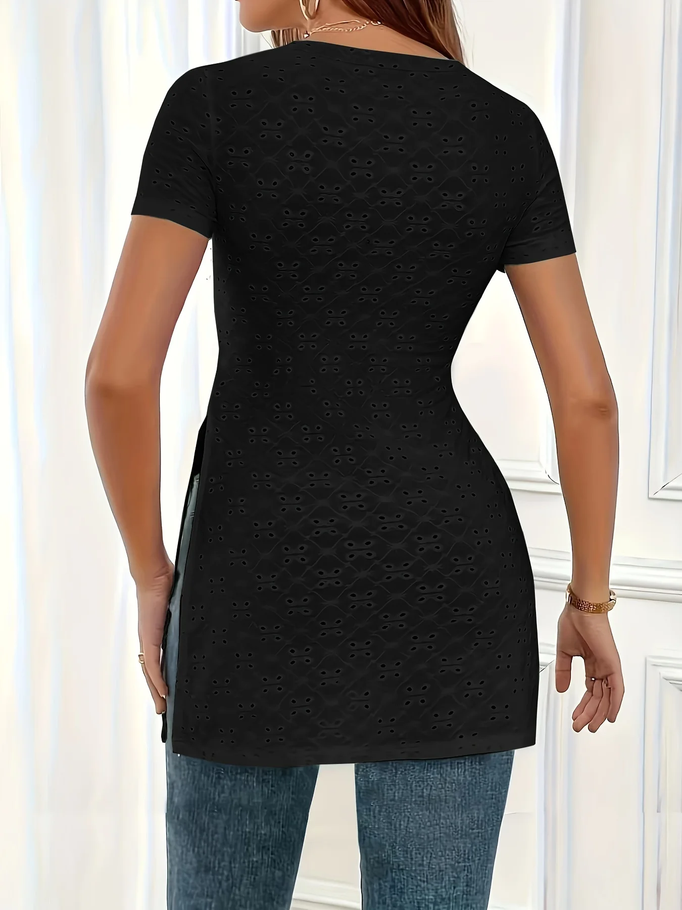 Spring Summer New T-shirt TEMU European and American Fashion Round Neck Split Waist Tie Short Sleeve T-shirt Women's Wear