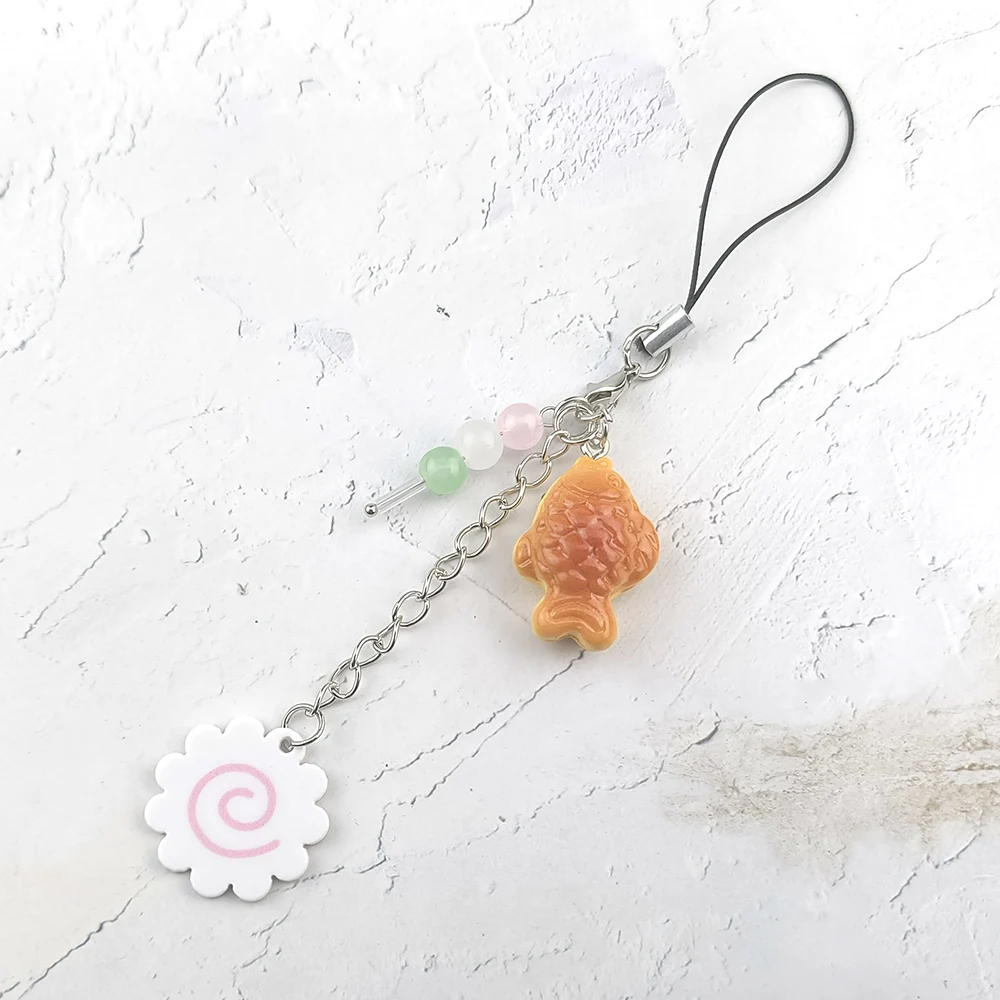 Taiyaki Narutomaki Fish Cake Keychains Cute Acrylic Pink Squid Roll Phone Lanyard Bag Keyring Handmade Lover Gift