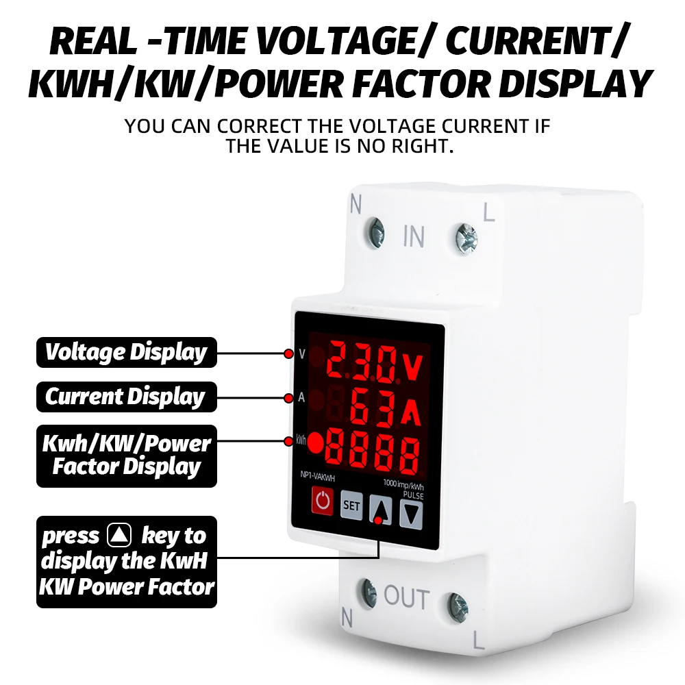 63A 40A 230V Display Din Rail Adjustable over Under Voltage Surge Protector Relay over Current Protect Kwh Power Watt Meter 3in1