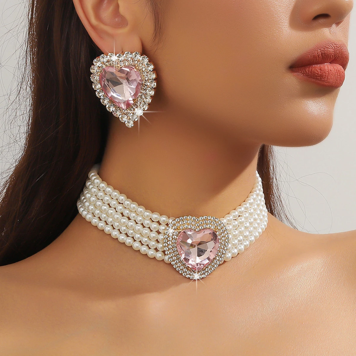 Heart Design Earrings Pearl Necklace Set for Women Vintage Multi-layered Pearl Necklace Drop Earrings for Wedding Jewelry Gift
