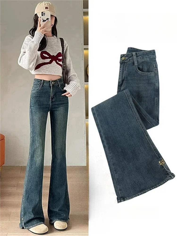 High Waist Flared Jeans Women's Spring Design plus Size American Style Side Slit Bootcut Denim Pants Slimming Retro Look