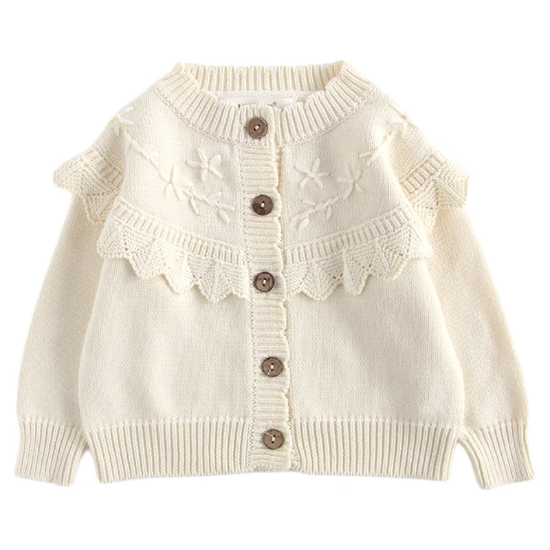 LILIGIRL Autumn New Girl's Clothing Knitted Sweaters Baby Loose Cardigans Jacket Sweet  Embroidered Ruffled Edge Outwear 0-3Y