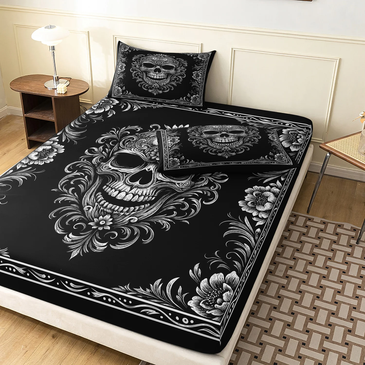 3 Pieces White Floral Skull Print Fitted Sheet Set, Vintage Ornate Flower Gothic Skeleton Border Print Bedding