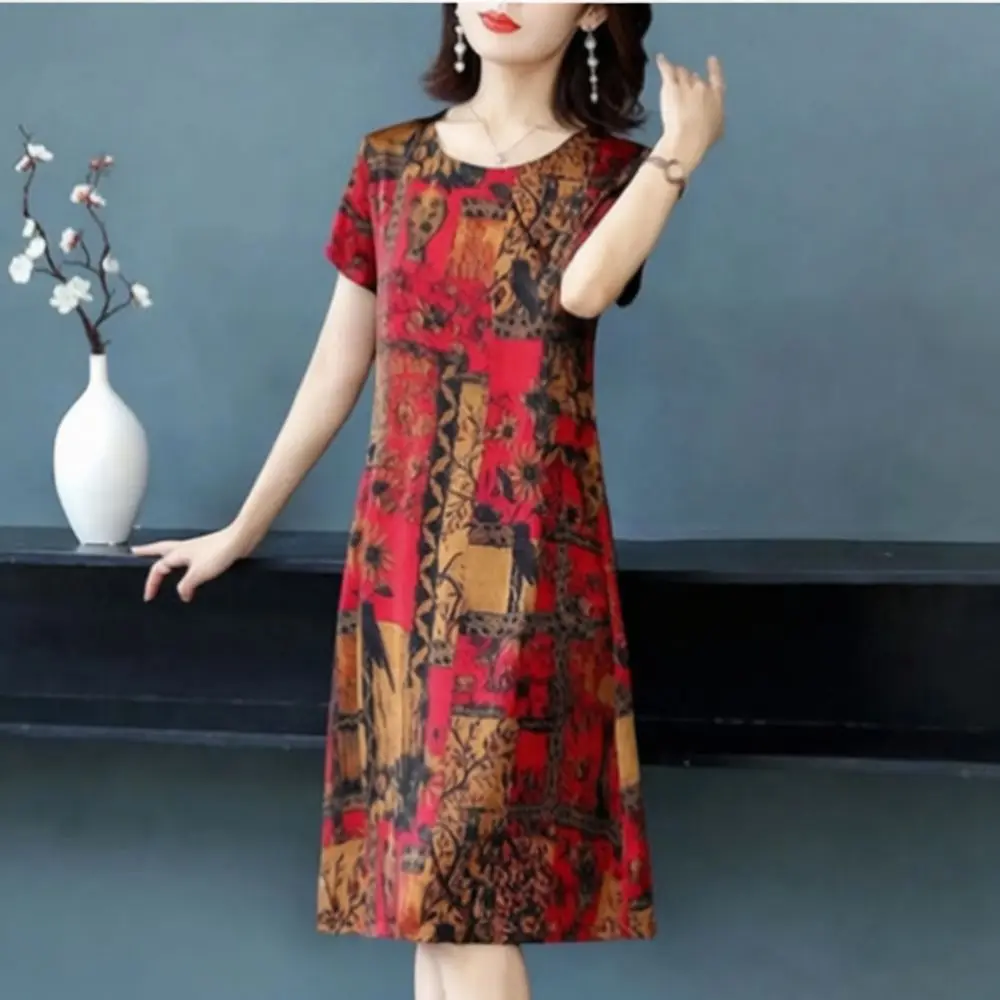 Women Summer Dress Retro Print Casual Midi Short Sleeve Clothing Breathable Soft Comfortable Loose Fit Mother Floral Dress