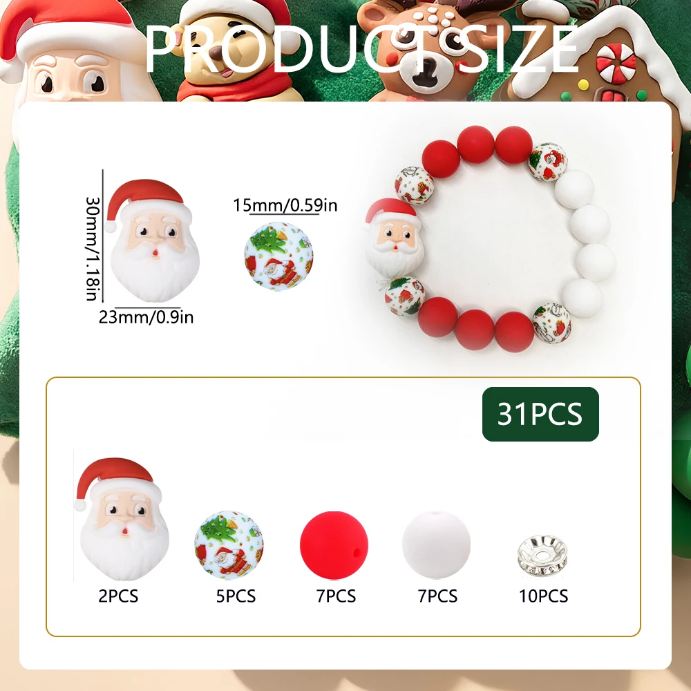 31/55-teiliges Weihnachts-Silikonperlen-Set für DIY-Halsketten, Armbänder, Dekorationen, Stifte, Schmuckanhänger usw. Geburtstagsgeschenk für die Feiertage – Detail 11
