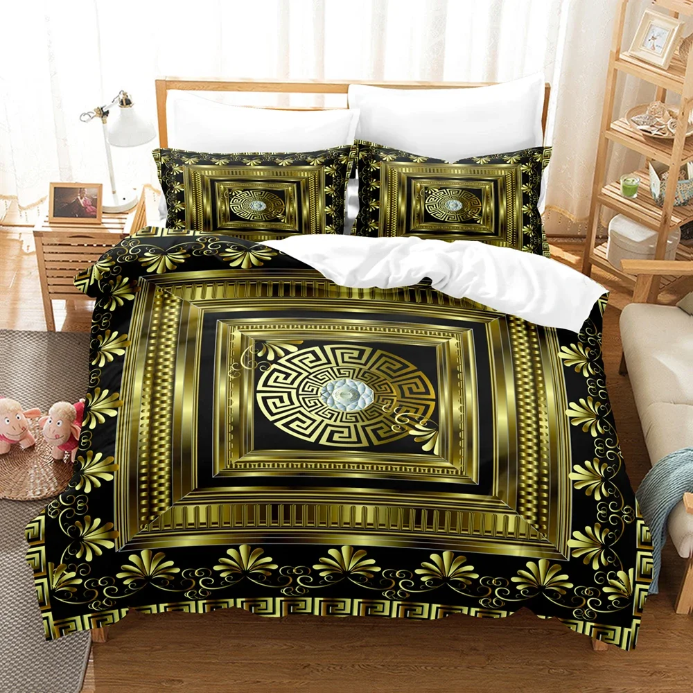 Black Golden Bedding Set New Greek Key Meander Duvet Cover Sets Luxury Comforter cover set Queen King Size for home decor quilt