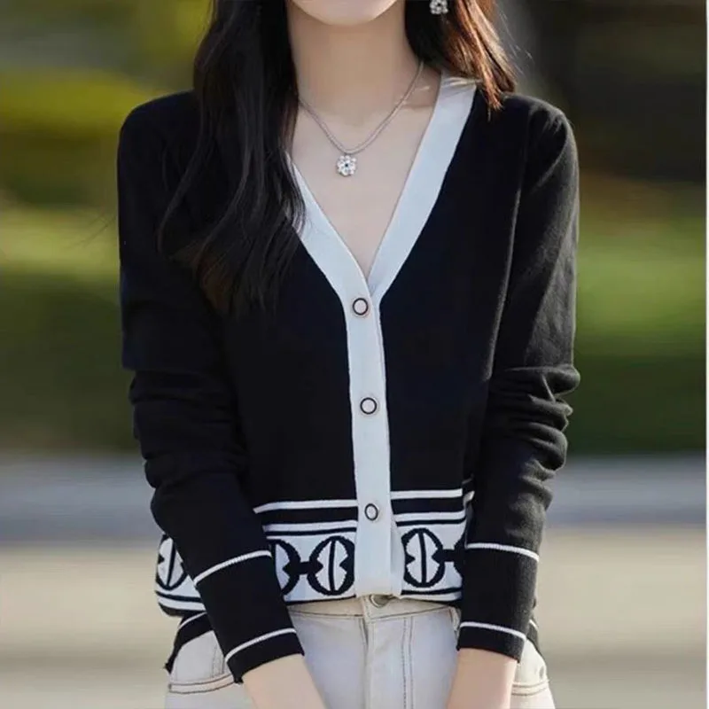 

Women's Clothing Korean Fashion Cardigan Sweater Autumn Nation Jacquard Long Sleeve Knit Casual Coat Lady Versatile V-neck Tops