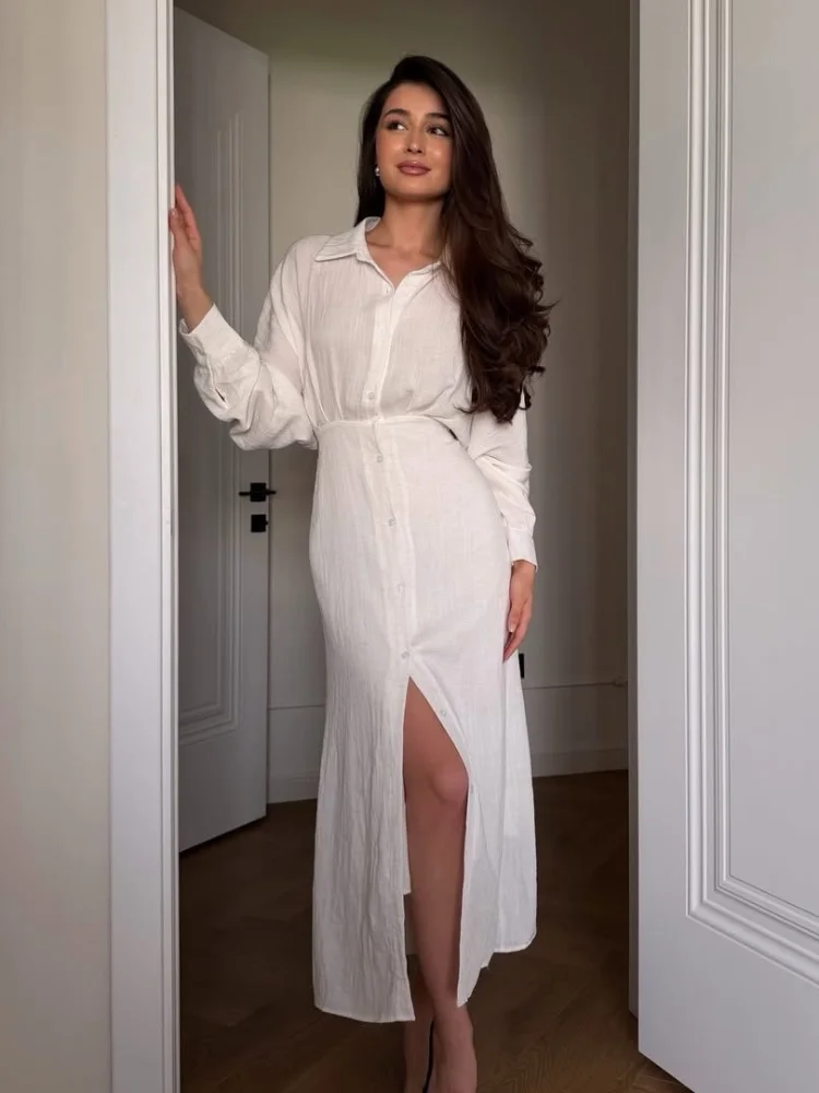 

Solid Long Sleeve Shirt Slit Dress Button Down Waist Cinched Laprel Linen Maxi Dresses Casual Elegant Summer Office Outfits New