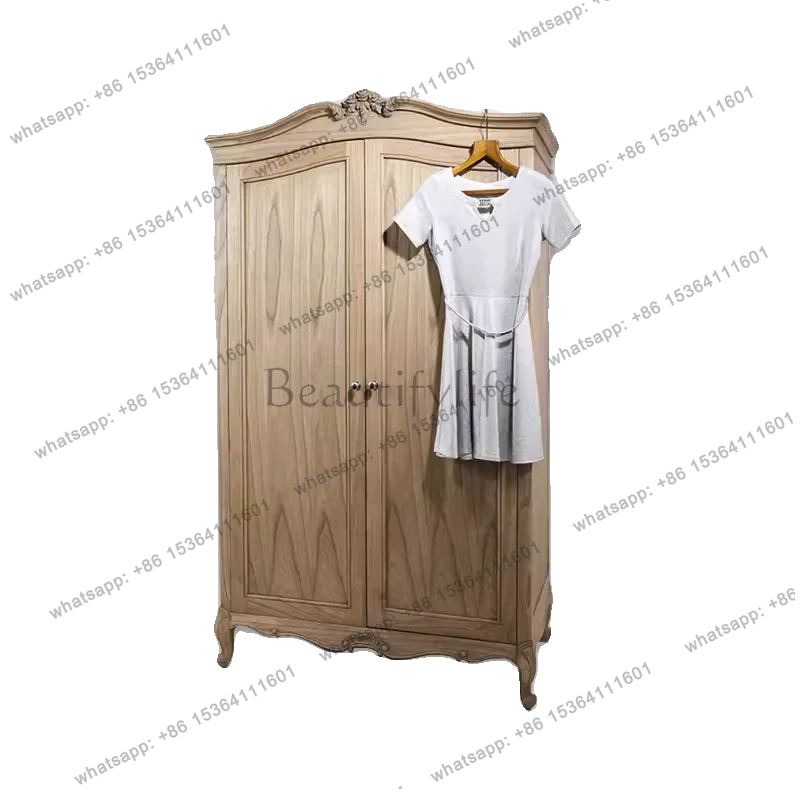 

American country solid wood carving flower double door wardrobe retro old oak storage cabinet