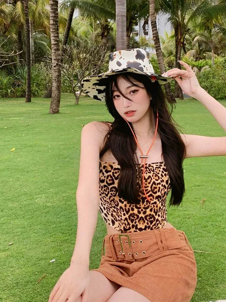 Women's Spicy Girl Tank Top with Inner And Outer Layers Leopard Print Ultra Short Style Summer 2025 Design Sense
