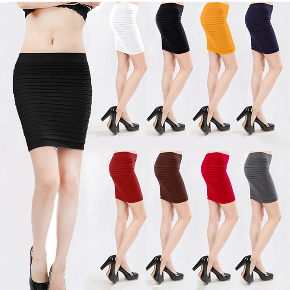 

Summer Women Slim Skirt High Waist Pleated Candy Color Knitted Elastic Mini Skirt Sexy Office Lady Short Skirts Black White