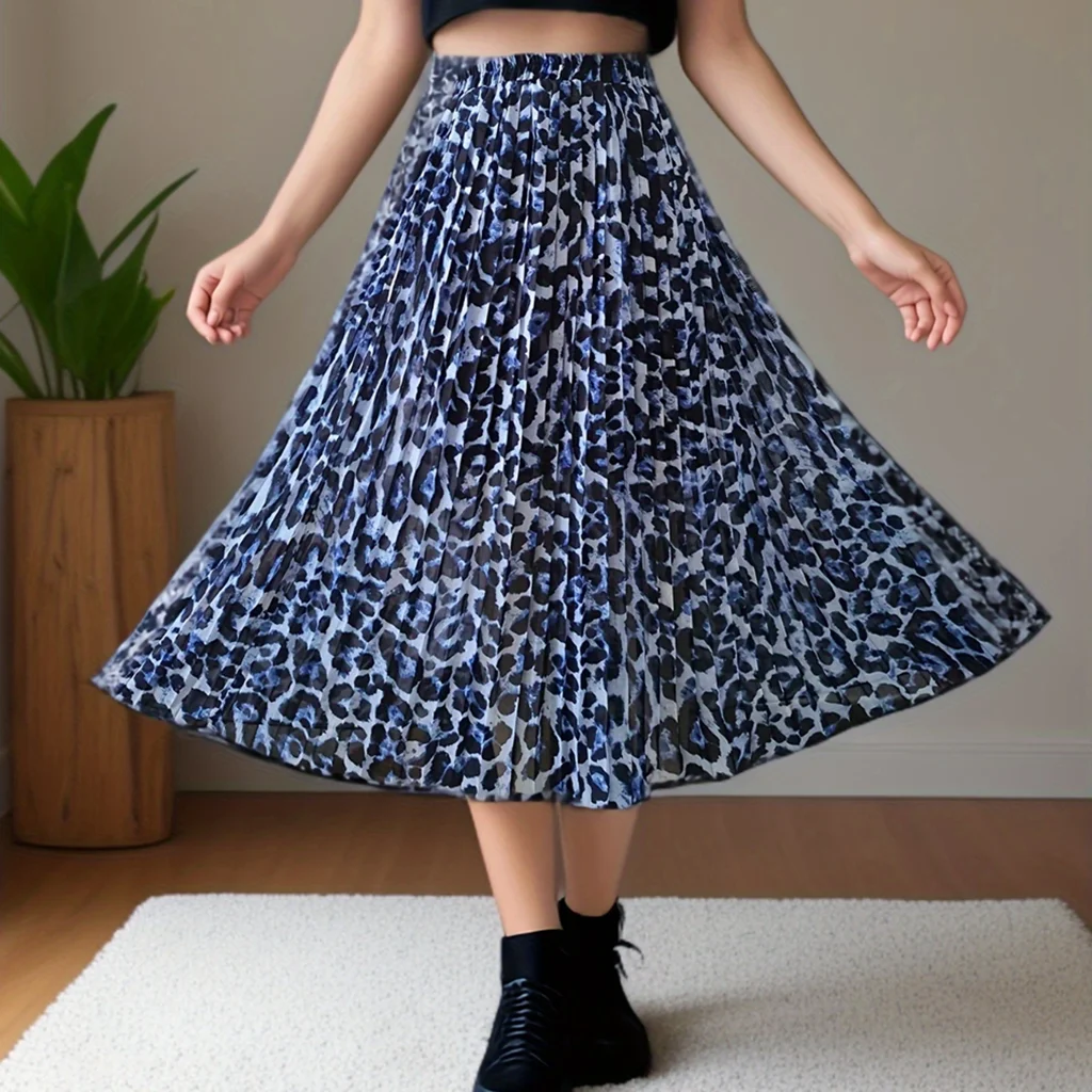 Leopard Pleated Long Skirt Women Vintage Elastic High Waisted A-Line Chiffon Beach Skirt Spring Summer Autumn 2025 New